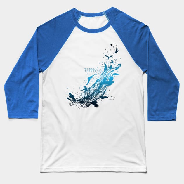 Blue feather with birds and letters Baseball T-Shirt by AnnArtshock